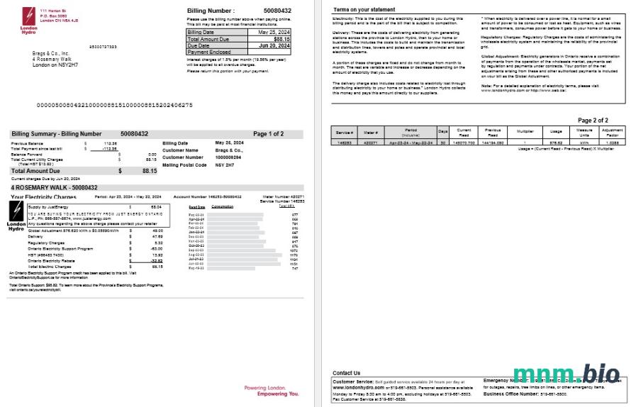 Canada Ontario London Hydro rachunek za usługi komunalne Word and PDF template